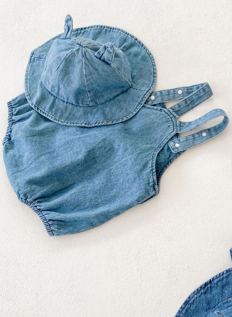 Bafanou Summer Cowboy Style Baby Boy Jumpsuit - Sleeveless Blue Romper with Matching Hat 2 Pcs for Newborns and Infants