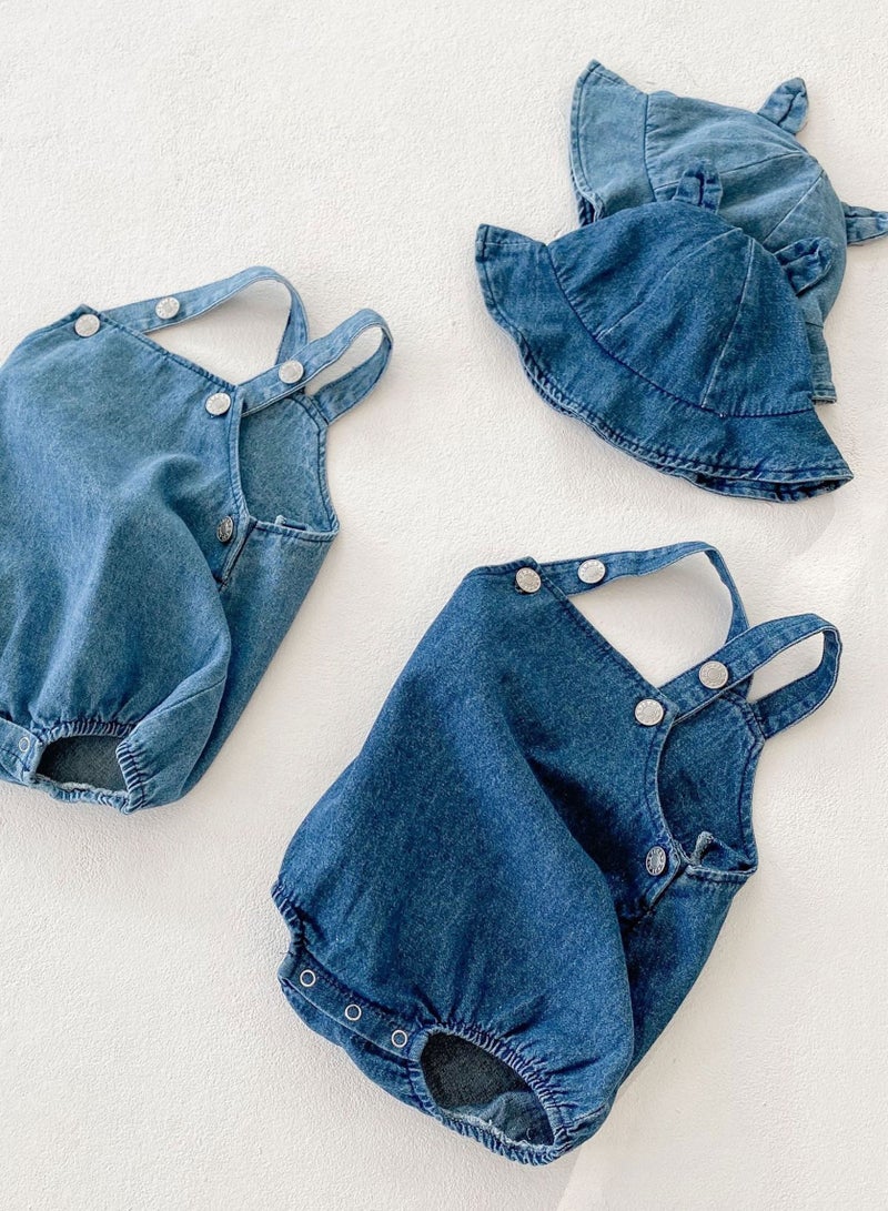 Bafanou Summer Cowboy Style Baby Boy Jumpsuit - Sleeveless Blue Romper with Matching Hat 2 Pcs for Newborns and Infants