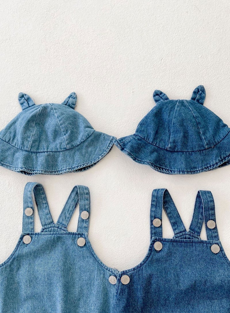 Bafanou Summer Cowboy Style Baby Boy Jumpsuit - Sleeveless Blue Romper with Matching Hat 2 Pcs for Newborns and Infants