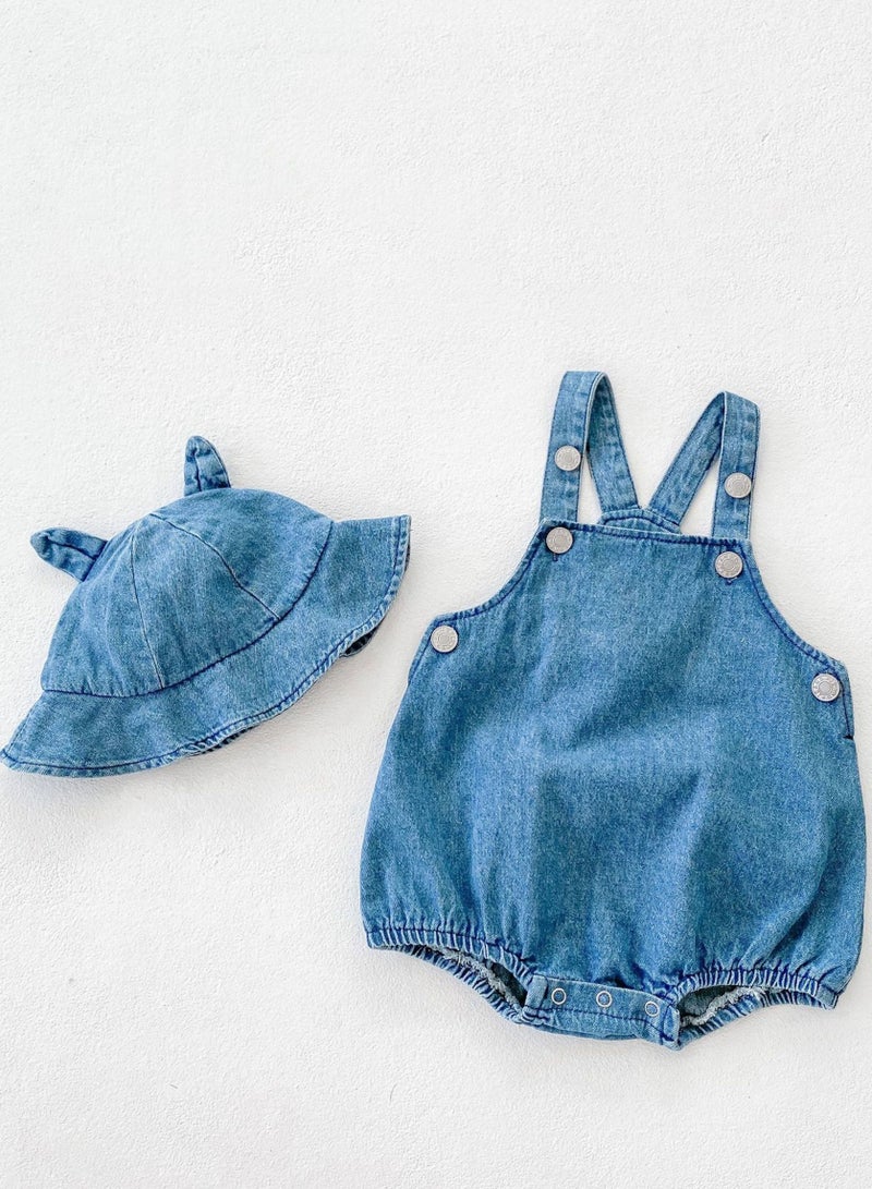 Bafanou Summer Cowboy Style Baby Boy Jumpsuit - Sleeveless Blue Romper with Matching Hat 2 Pcs for Newborns and Infants