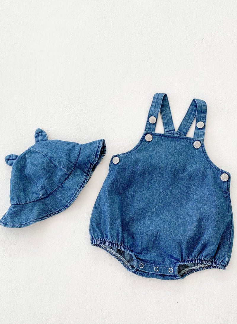 Bafanou Summer Cowboy Style Baby Boy Jumpsuit - Sleeveless Blue Romper with Matching Hat 2 Pcs for Newborns and Infants
