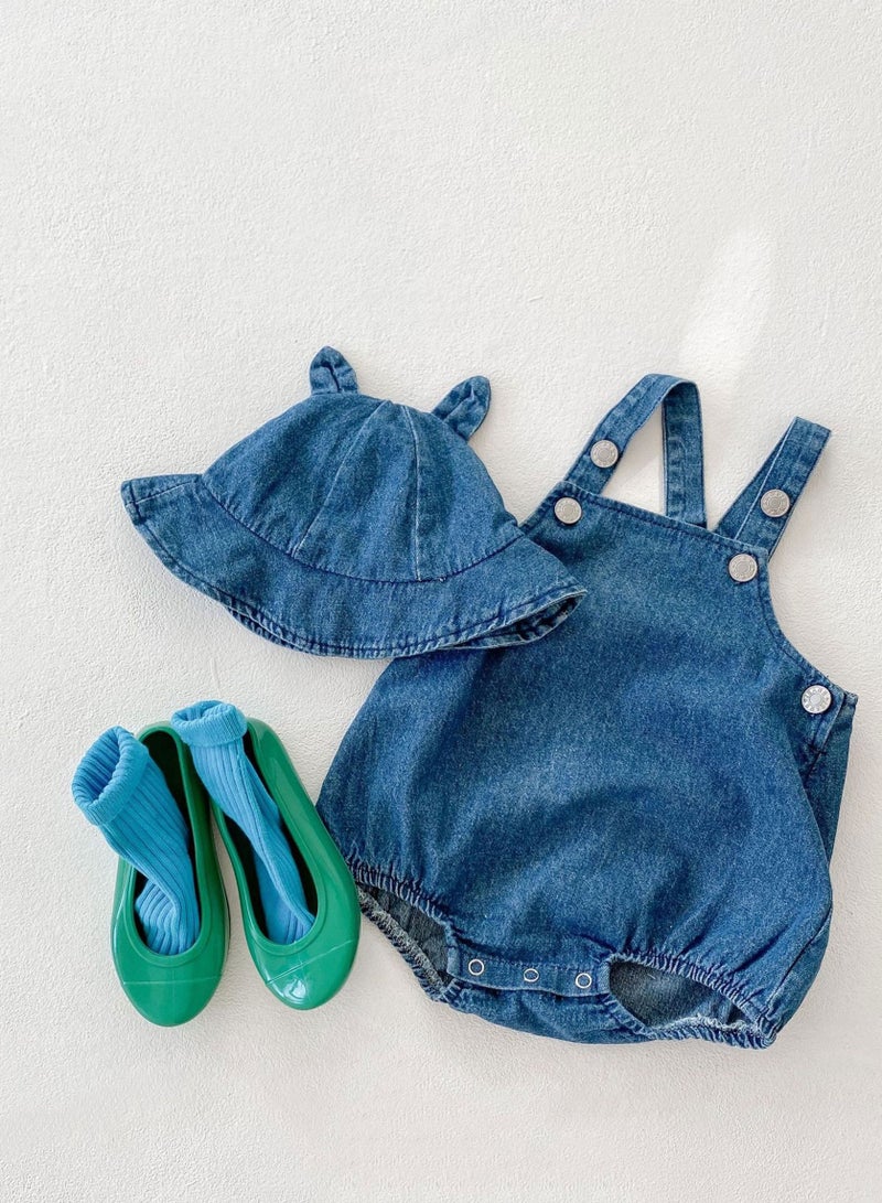 Bafanou Summer Cowboy Style Baby Boy Jumpsuit - Sleeveless Blue Romper with Matching Hat 2 Pcs for Newborns and Infants