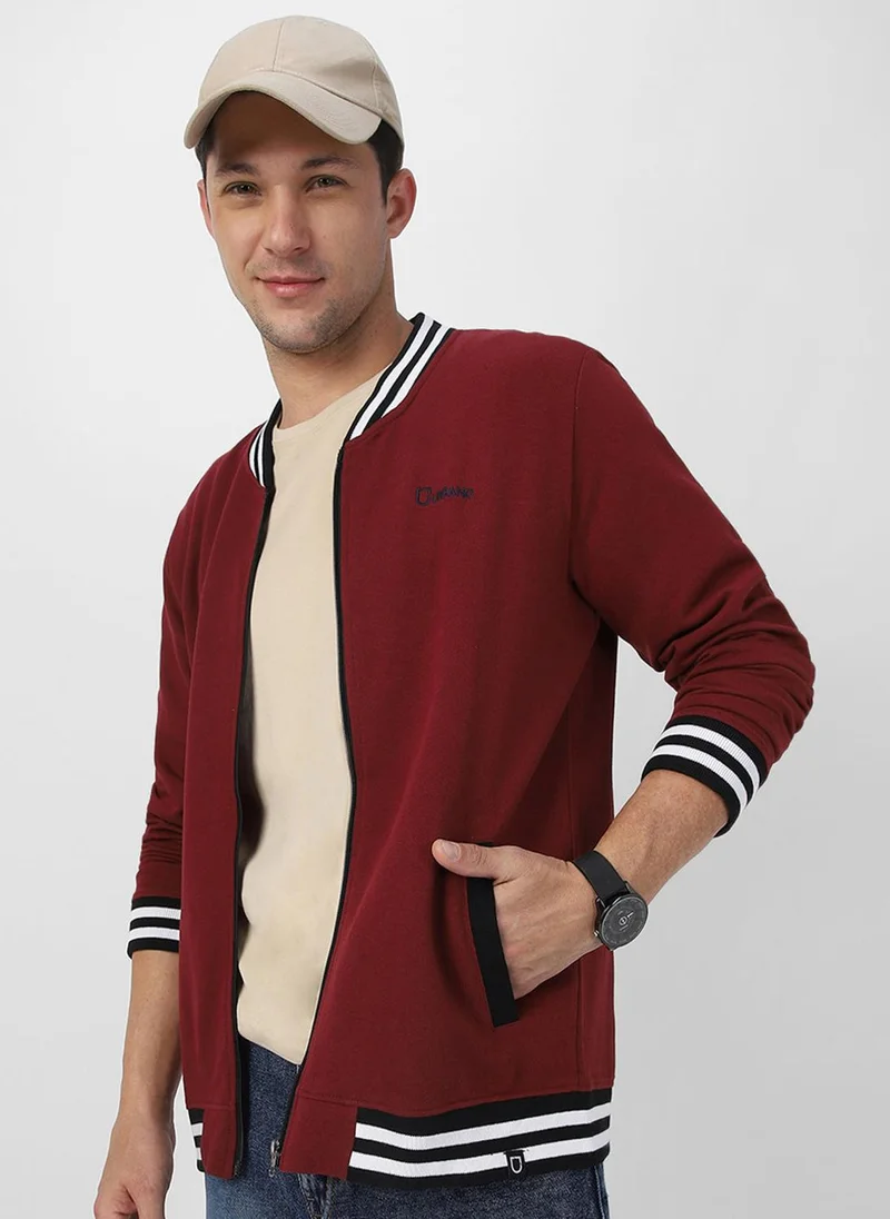 Urbano Fashion Men's Maroon Cotton Zippered Varsity Sweatshirt