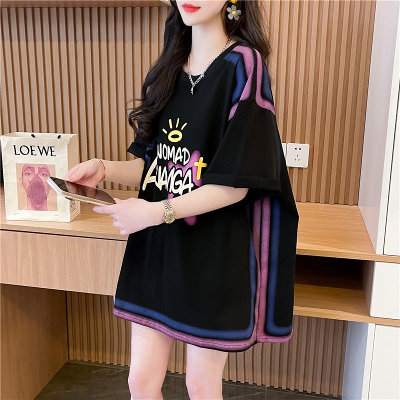 3087# Official Figure Trembles Quality/Cotton/Back Bag Collar/Medium And Long Loose Contrast Short Sleeve T-Shirt - Image 5