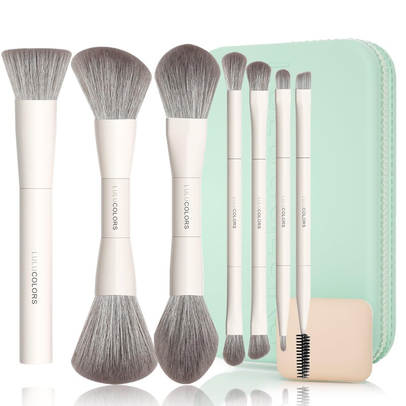 LULUCOLORS-Dual-Ended Makeup Brush Set with Sponge & Travel Case-13 Kinds of Multi-Functional Brushes for Face & Eyes â€“ Soft Bristles, Easy Travel Brush Set (Mint Green) - Image 1