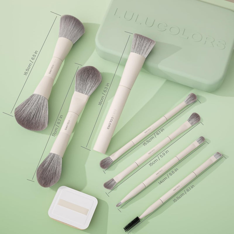 LULUCOLORS-Dual-Ended Makeup Brush Set with Sponge & Travel Case-13 Kinds of Multi-Functional Brushes for Face & Eyes â€“ Soft Bristles, Easy Travel Brush Set (Mint Green) - Image 3