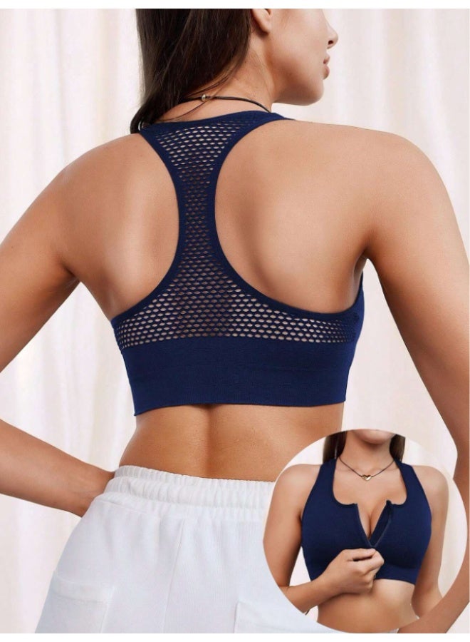 MHD 1pc Women's  Zippered Sheer Padded Seamless Elastic Low-Support Sports Bra - Image 3