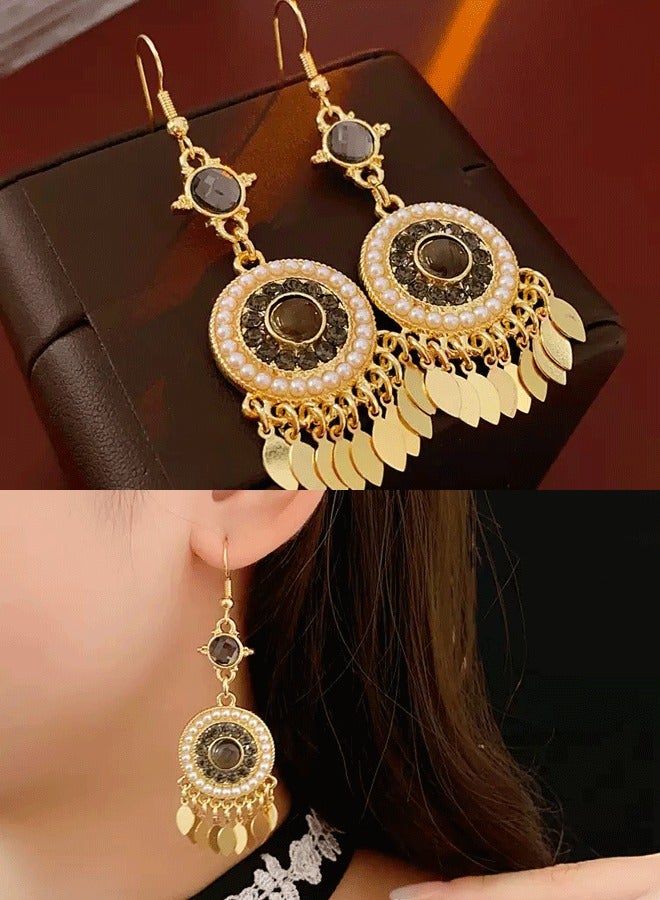 Women's Indian Jhumka Earrings, Gold Plated Pearl & Black Gemstone Statement Earrings for Ladies, Ideal for Wedding & Diwali - Image 1