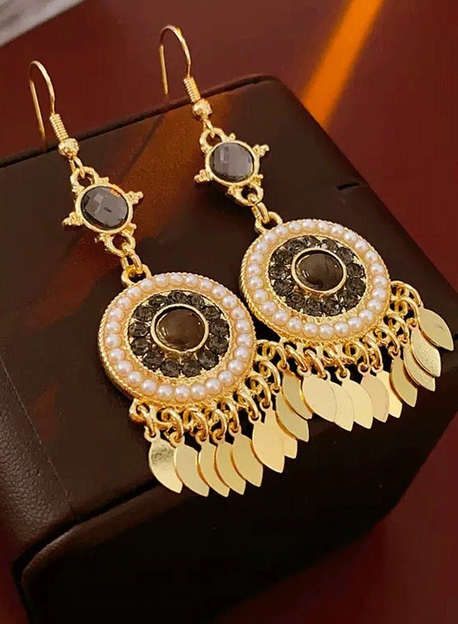 Women's Indian Jhumka Earrings, Gold Plated Pearl & Black Gemstone Statement Earrings for Ladies, Ideal for Wedding & Diwali - Image 3