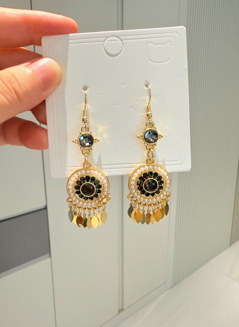 Women's Indian Jhumka Earrings, Gold Plated Pearl & Black Gemstone Statement Earrings for Ladies, Ideal for Wedding & Diwali - Image 4