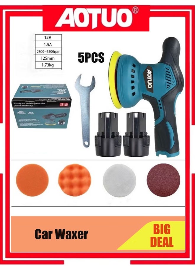 AOTUO نسخة محدثة من آلة تلميع السيارات المحمولة بقطر 5 بوصات، آلة صنفرة لاسلكية مع مجموعة وسادات إسفنجية [بطارية*2] - Image 1