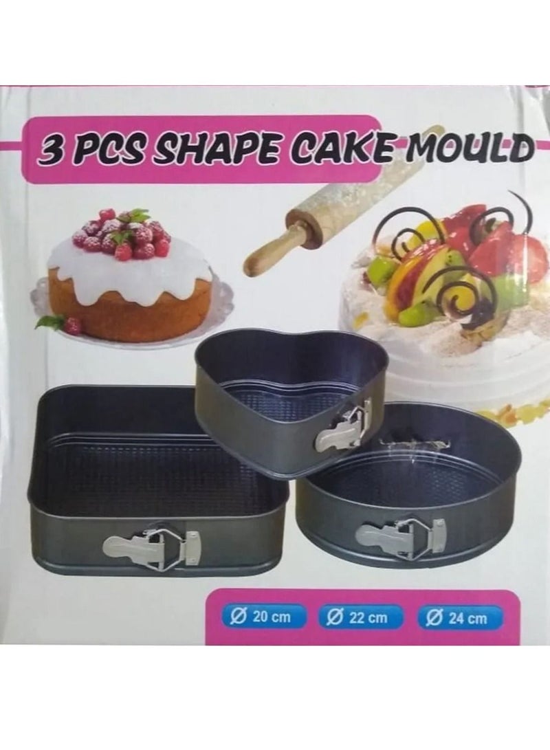 DubaiGallery 3 Pieces Non Stick Removable Bottom Round Heart Square Shape Cake Mold Set Black
