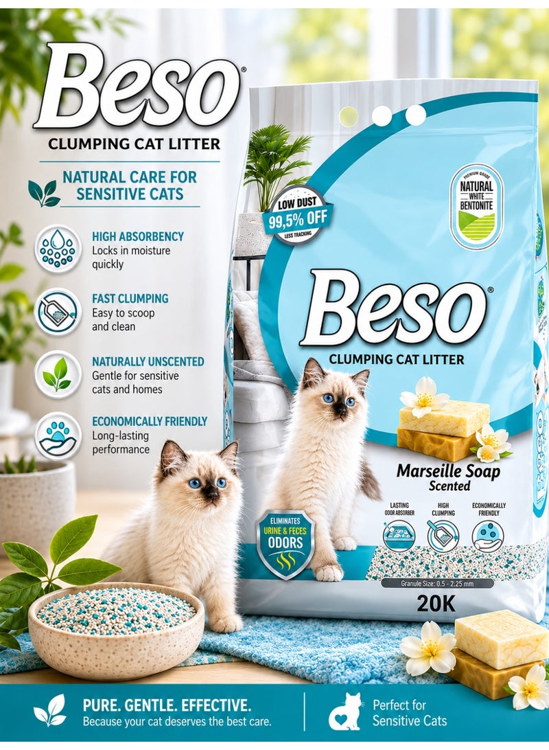 Premium Marseille Soap Scented Clumping Cat Litter 20KG Bag, Natural White Bentonite with 99.5% Low Dust Formula for Lasting Cleanliness and Fast Clumping