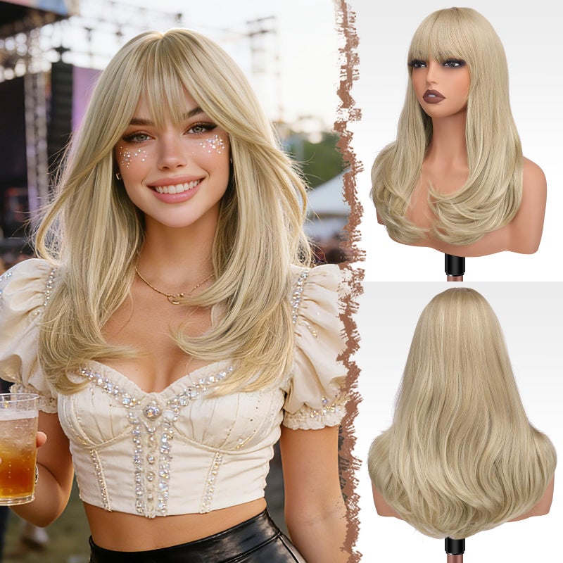 FESHFEN Long Wigs with Bangs Synthetic Natural Looking Layered Straight Hair Wig for Women Daily Party Use 18 inch Dirty Blonde - Image 2
