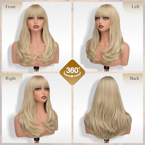 FESHFEN Long Wigs with Bangs Synthetic Natural Looking Layered Straight Hair Wig for Women Daily Party Use 18 inch Dirty Blonde - Image 3
