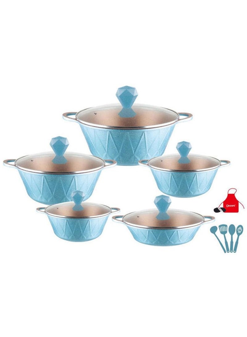 DubaiGallery 17-Piece Granite Saving Energy Aluminum Cookware Set Includes 1xCasserole With Lid 20cm, 1xCasserole With Lid 24cm, 1xCasserole With Lid 28cm, 1xCasserole With Lid 32cm, 1xShallow Casserole With Lid 28cm, 7xCooking Tools Blue 