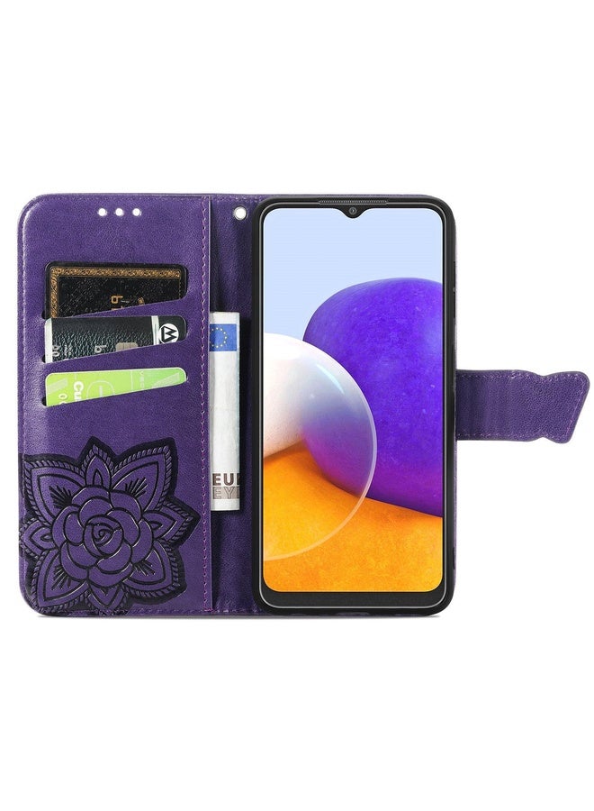 Case Cover For Samsung Galaxy A22 4G Butterfly Love Flowers Embossed Horizontal Flip Leather Case with Holder & Card Slots & Wallet & Lanyard(Dark Purple)