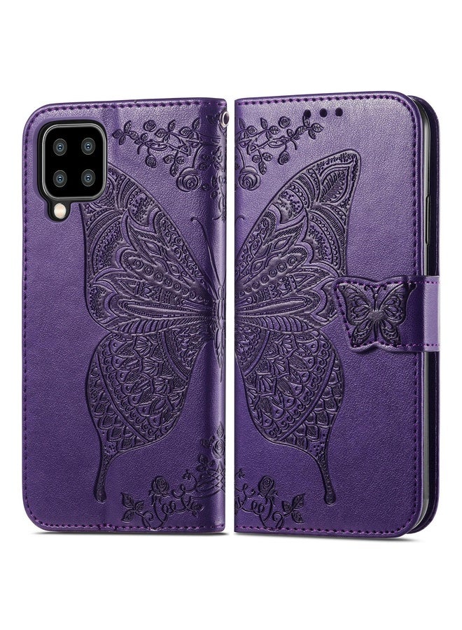 Case Cover For Samsung Galaxy A22 4G Butterfly Love Flowers Embossed Horizontal Flip Leather Case with Holder & Card Slots & Wallet & Lanyard(Dark Purple)