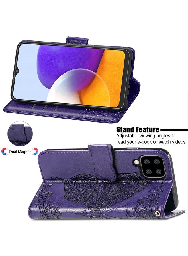 Case Cover For Samsung Galaxy A22 4G Butterfly Love Flowers Embossed Horizontal Flip Leather Case with Holder & Card Slots & Wallet & Lanyard(Dark Purple)