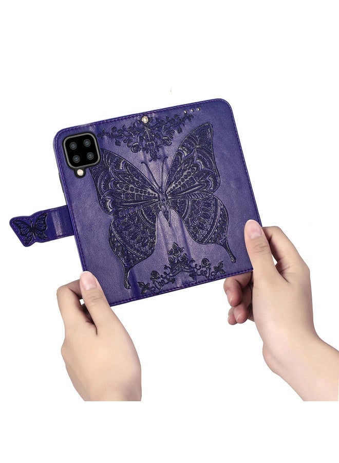Case Cover For Samsung Galaxy A22 4G Butterfly Love Flowers Embossed Horizontal Flip Leather Case with Holder & Card Slots & Wallet & Lanyard(Dark Purple)