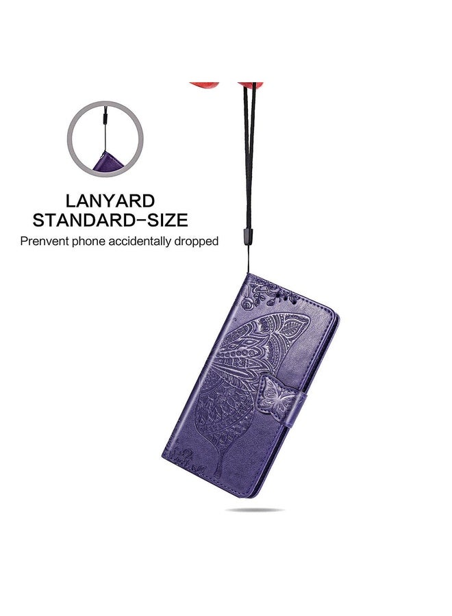 Case Cover For Samsung Galaxy A22 4G Butterfly Love Flowers Embossed Horizontal Flip Leather Case with Holder & Card Slots & Wallet & Lanyard(Dark Purple)