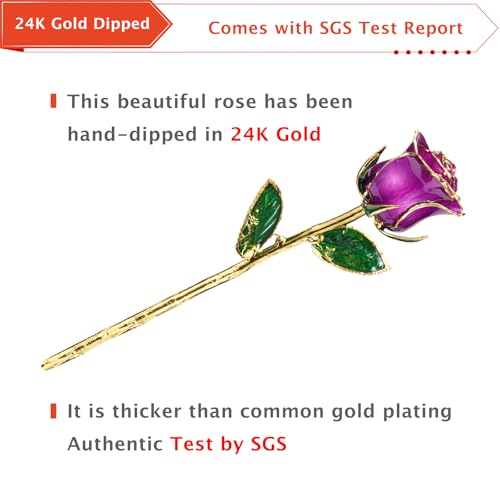 AliveRose Gold Roses, 24K Gold Rose Made from Real Rose - Unique Design 24K Dipped Rose for Anniversary Valentines Mothers Day Birthday Gifts (Purple Original Rose with Crystal Vase) - Image 4