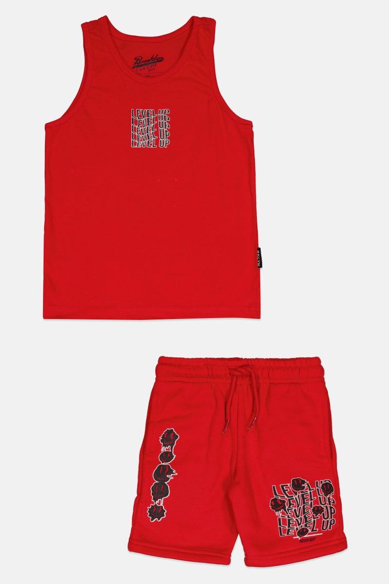 brooklyn طقم تي شيرت وشورت مطبوع للأطفال الأولاد من قطعتين، أحمر - Image 1
