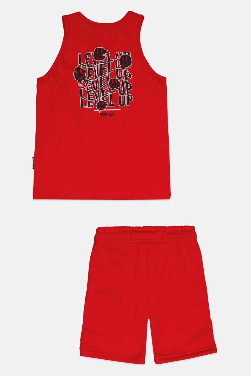 brooklyn طقم تي شيرت وشورت مطبوع للأطفال الأولاد من قطعتين، أحمر - Image 2