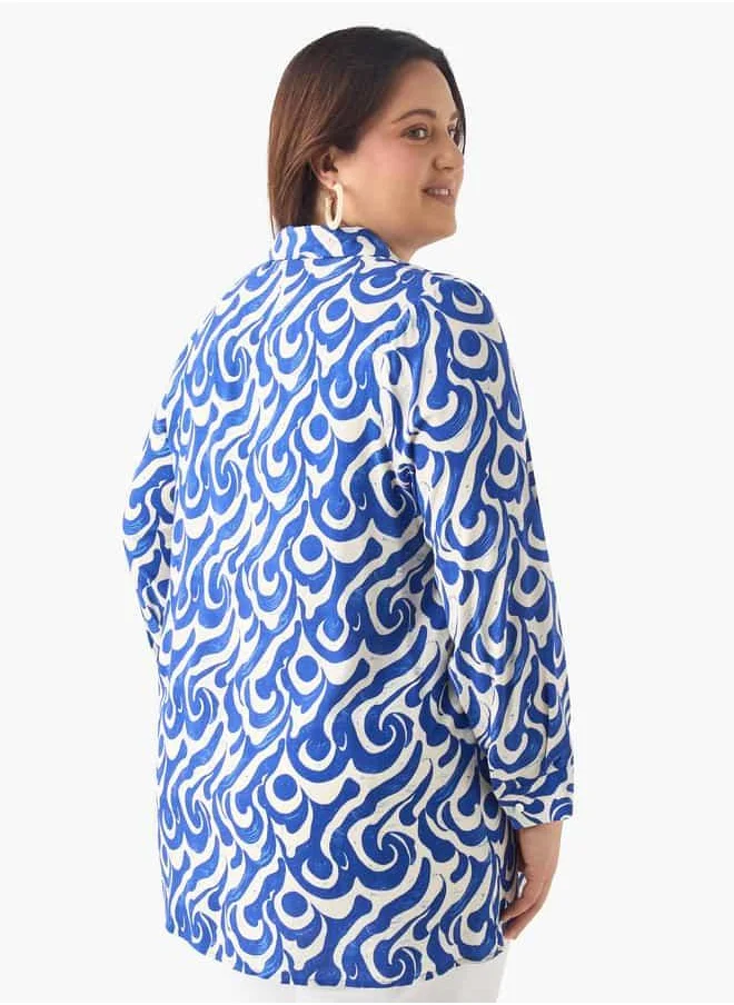  أولا بوبكن Plus Size Ulla Popken Printed Shirt with Collar and Long Sleeves