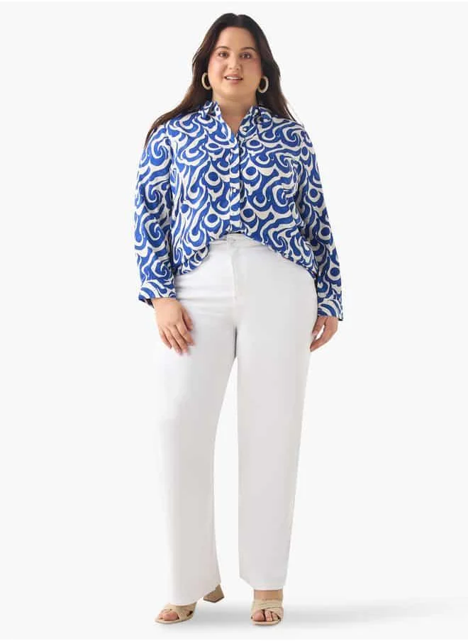  أولا بوبكن Plus Size Ulla Popken Printed Shirt with Collar and Long Sleeves