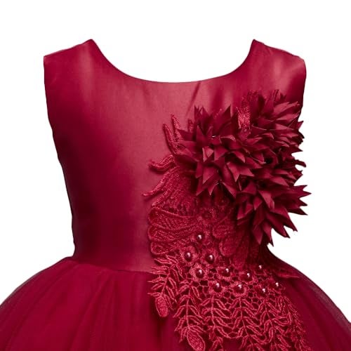 Hopscotch Girls Floral Applique Sleeveless Slim Fit Party Fit And Flare Knee-Length Dress In Red Color for Ages 10-11 Years - Image 3