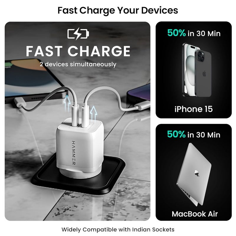 Hammer 45W GaN Fast Charger | Dual USB-C PD & PPS | 0–50% iPhone Charge in 30 Mins | Compatible with iPhone 17–12, MacBook, iPad, Samsung | FCC/CE Certified | 2-Yr Warranty (No Cable) - Image 2