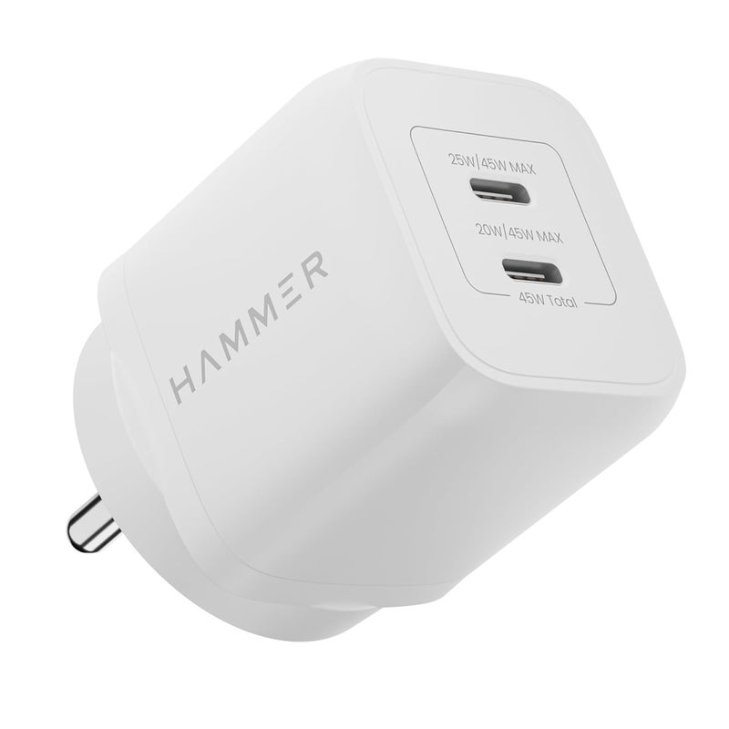 Hammer 45W GaN Fast Charger | Dual USB-C PD & PPS | 0–50% iPhone Charge in 30 Mins | Compatible with iPhone 17–12, MacBook, iPad, Samsung | FCC/CE Certified | 2-Yr Warranty (No Cable) - Image 1