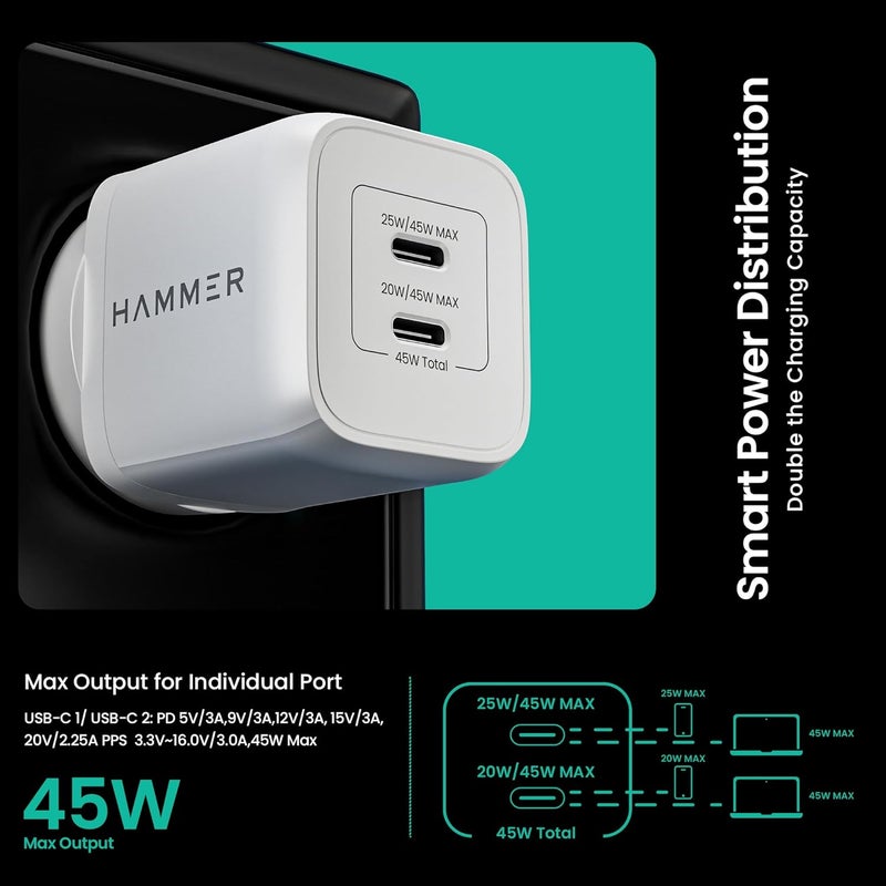 Hammer 45W GaN Fast Charger | Dual USB-C PD & PPS | 0–50% iPhone Charge in 30 Mins | Compatible with iPhone 17–12, MacBook, iPad, Samsung | FCC/CE Certified | 2-Yr Warranty (No Cable) - Image 3