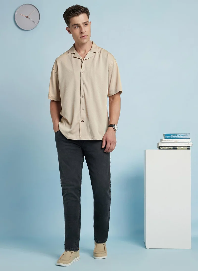 Dennis Lingo Men's Beige 100% Polyester Textured Button Down Relaxed Shirt
