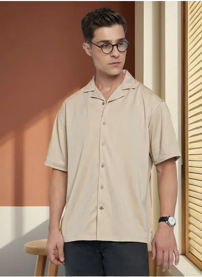 دينيس لينغو Beige Relaxed fit Shirts Textured design crafted from 100% Polyester featuring Half Sleeve with Button closure.
