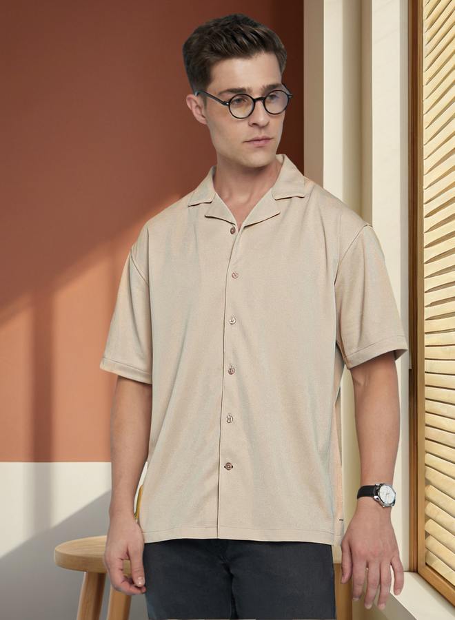 Dennis Lingo Men's Beige 100% Polyester Textured Button Down Relaxed Shirt  - Image 1