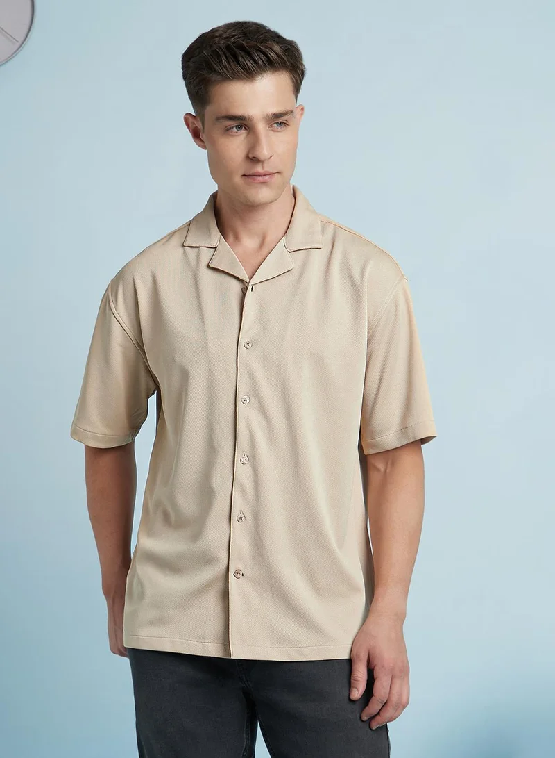 Dennis Lingo Men's Beige 100% Polyester Textured Button Down Relaxed Shirt