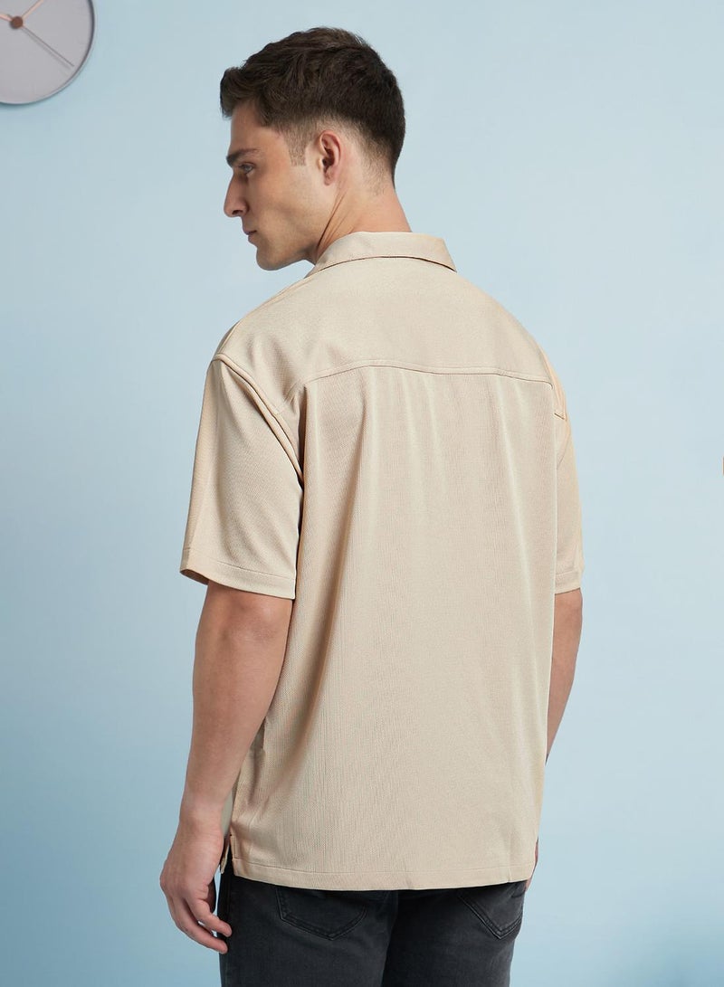Dennis Lingo Men's Beige 100% Polyester Textured Button Down Relaxed Shirt  - Image 3