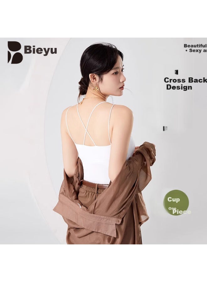 Don't speak Bieyu Women's Strappy Tank Top With Built-in Bra, Summer Cross Back Inner And Outer Wear, White, M - Image 1