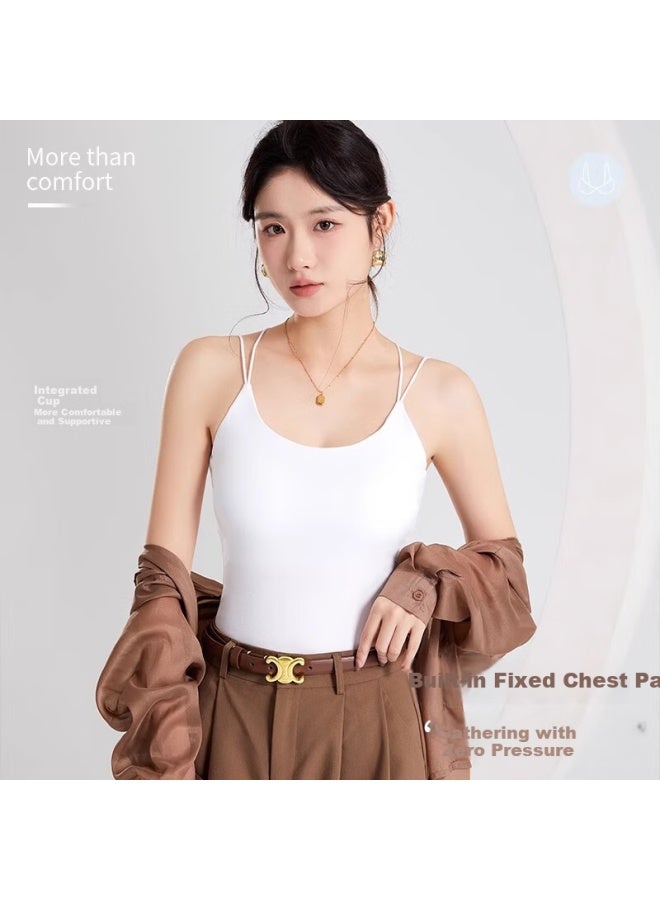 Don't speak Bieyu Women's Strappy Tank Top With Built-in Bra, Summer Cross Back Inner And Outer Wear, White, M - Image 4