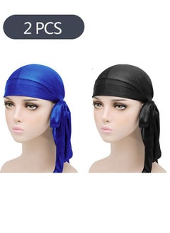 2 Piece Soft Silk Headwrap Unisex, 360 Wave Cap Bandana Turban Hat with Long Tail and Wide Strap, Elastic Head Hat
