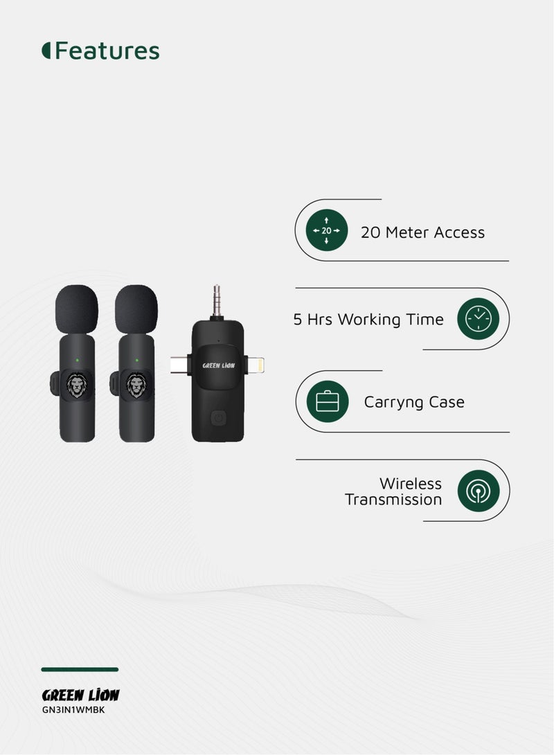 GREEN LION 3 in1 Microphone Type-C, Lightening & AUX with Carrying Case / 5Hrs Working Time / Plug & Play / Up to 30m Transmission Distance / Digital Silicone Mic / 30ms Transmission Delay - Black  - Image 2