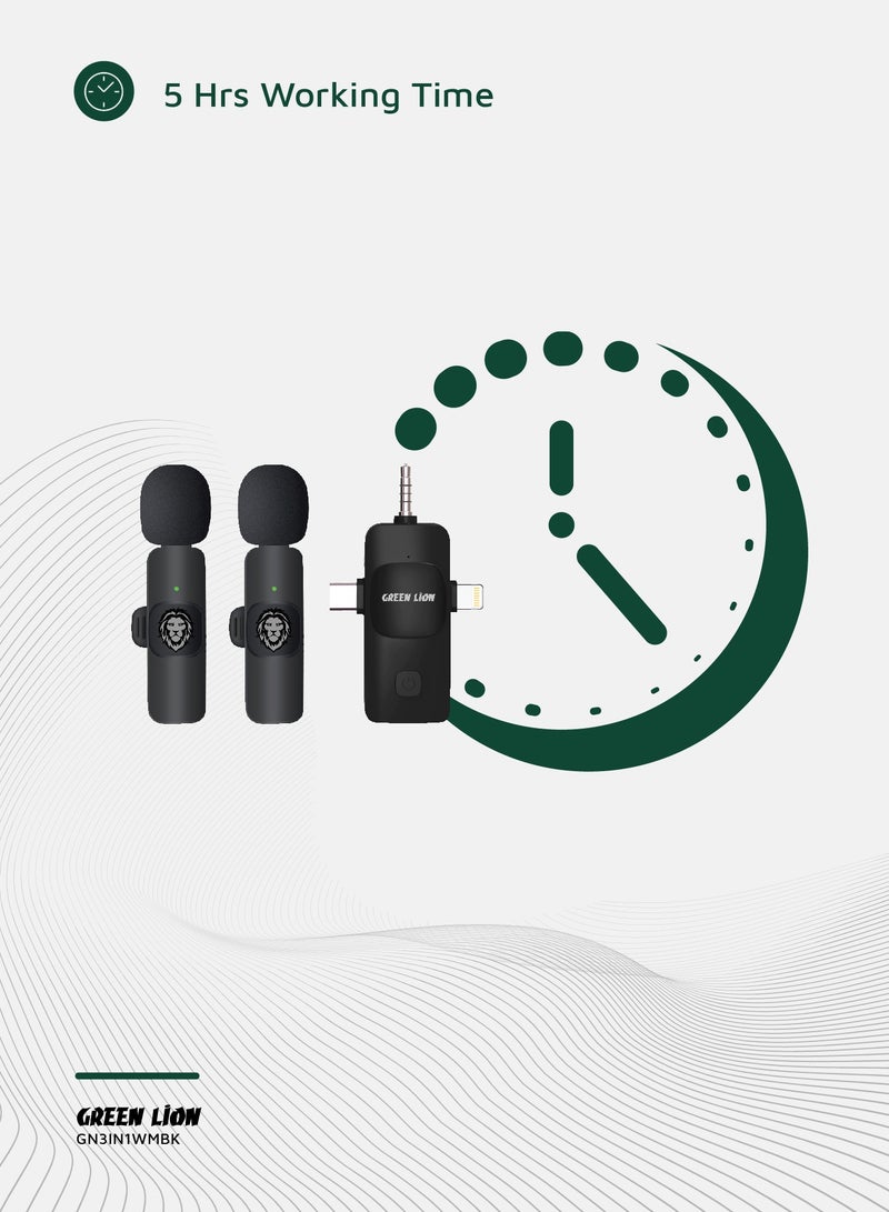GREEN LION 3 in1 Microphone Type-C, Lightening & AUX with Carrying Case / 5Hrs Working Time / Plug & Play / Up to 30m Transmission Distance / Digital Silicone Mic / 30ms Transmission Delay - Black  - Image 5