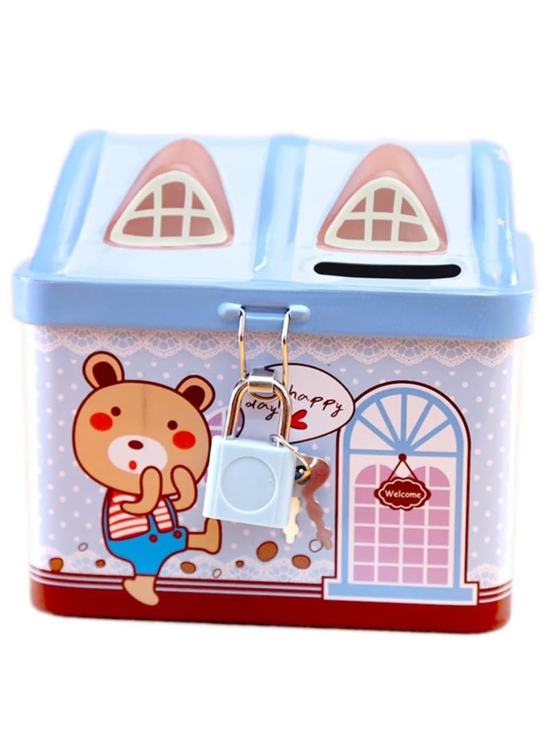 Rubik حصالة على شكل منزل كرتوني للأطفال مع قفل، صندوق نقود معدني (أزرق) - Image 1