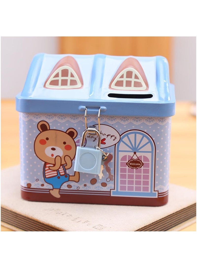 Rubik حصالة على شكل منزل كرتوني للأطفال مع قفل، صندوق نقود معدني (أزرق) - Image 4