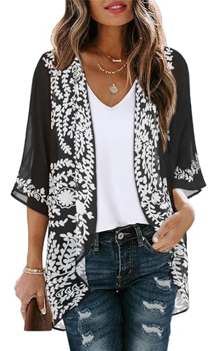 CHICGAL Womens Floral Kimono Cardigans Beach Cover Tops Loose Puff Sleeve Casual Blouse (C Black Flower, XXL) - Image 1