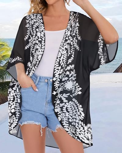 CHICGAL Womens Floral Kimono Cardigans Beach Cover Tops Loose Puff Sleeve Casual Blouse (C Black Flower, XXL) - Image 4