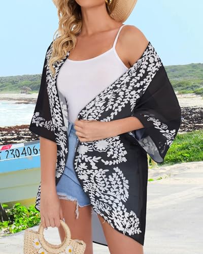 CHICGAL Womens Floral Kimono Cardigans Beach Cover Tops Loose Puff Sleeve Casual Blouse (C Black Flower, XXL) - Image 5