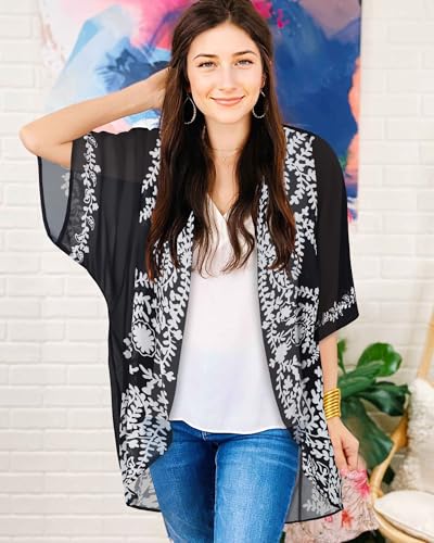 CHICGAL Womens Floral Kimono Cardigans Beach Cover Tops Loose Puff Sleeve Casual Blouse (C Black Flower, XXL) - Image 2
